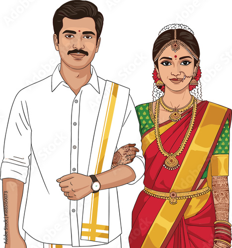 Detailed vector illustration of a South Indian wedding couple in traditional red saree and white gold-bordered dhoti attire.