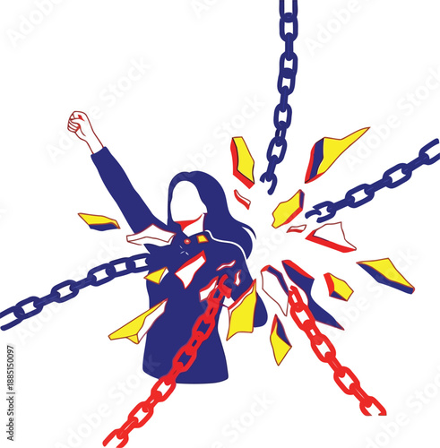 Empowered woman breaking chains: symbol of freedom, strength, and overcoming obstacles