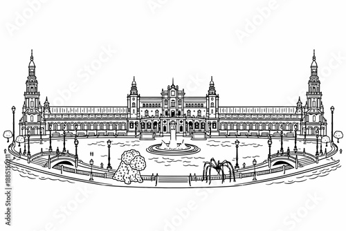 Plaza de Espana Seville Vector Illustration. Panoramic Architectural Line Art Drawing of Spanish Square and Canal with Thick Black Outlines