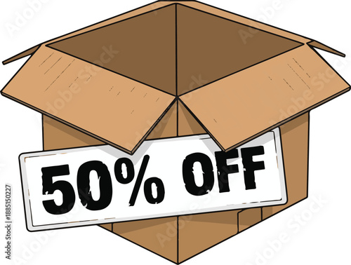 Cardboard box with discount label illustration showing 50 percent off sale