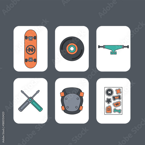 Skateboard Assembly and Maintenance Equipment Including Deck Wheels Trucks Bearings and Protective Safety Gear Icons for Extreme Sports Lifestyle