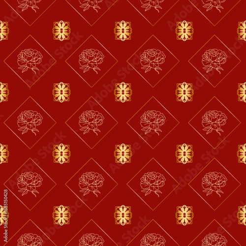 Elegant Red and Gold Floral Pattern with Geometric Shapes for Luxurious Textile and Wallpaper Design