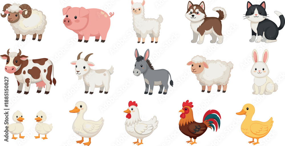 Obraz premium Cute farm animals vector illustration set with cow pig sheep goat donkey horse chicken duck and rabbit