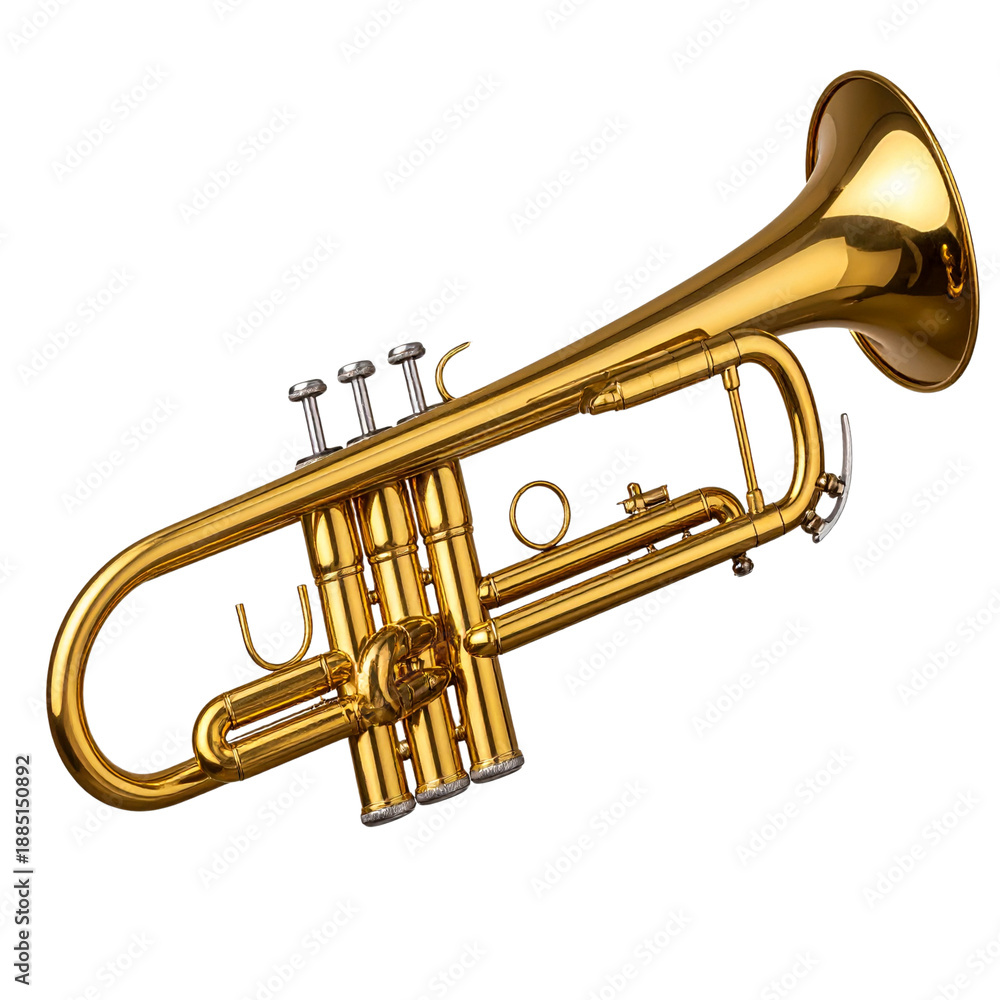 Obraz premium Shiny brass trumpet musical instrument with gold valves and a mouthpiece isolated on a black and white background for jazz band or orchestra