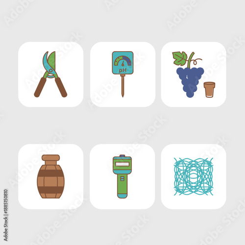 Viticulture and Winemaking Professional Tools Set Including Pruning Shears Soil pH Meter Grape Harvest and Aging Barrel Icons for Agriculture