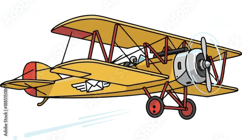 Vintage Yellow Biplane Flying Through the Sky with Propeller Spinning