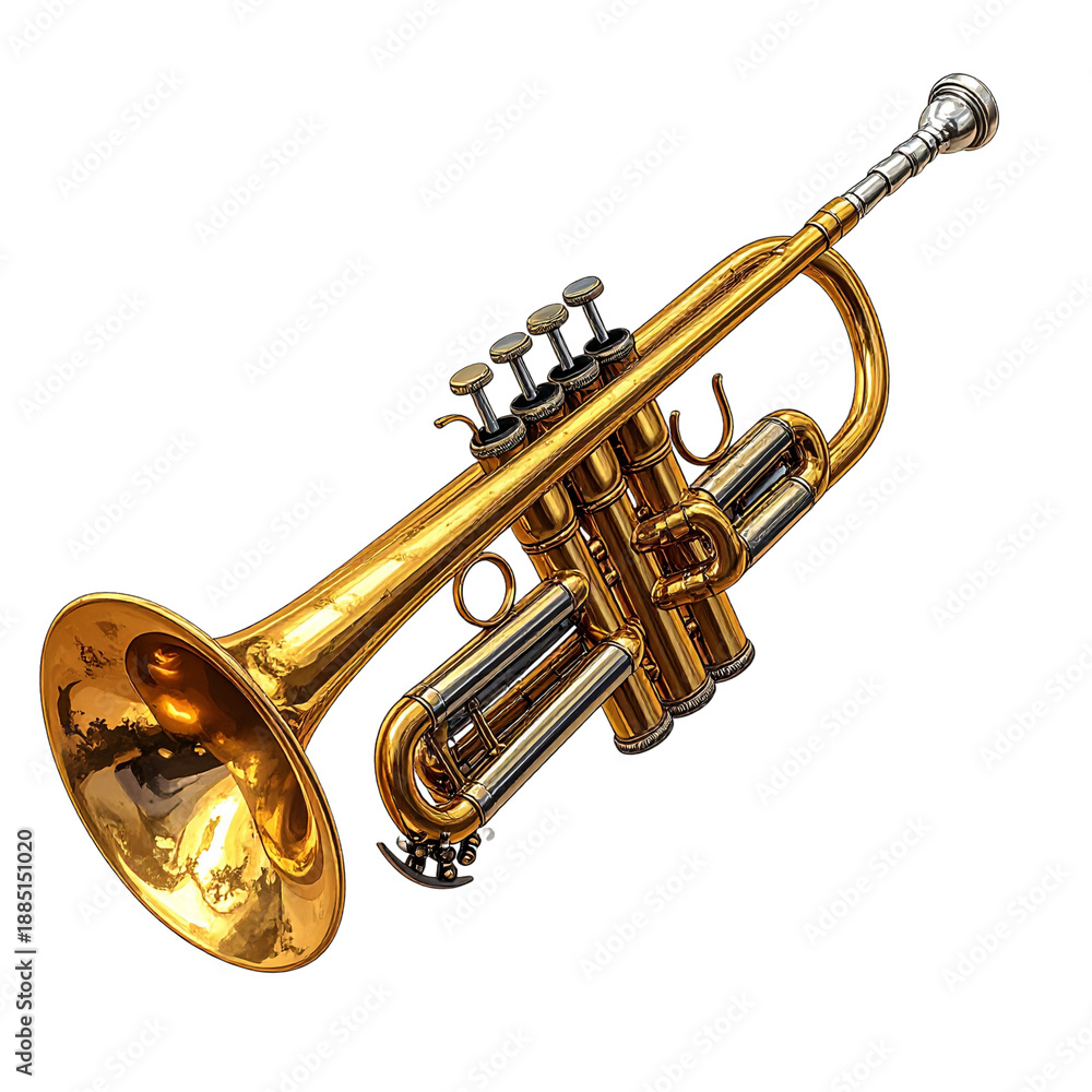 Naklejka premium Shiny brass trumpet musical instrument with gold valves and a mouthpiece isolated on a black and white background for jazz band or orchestra