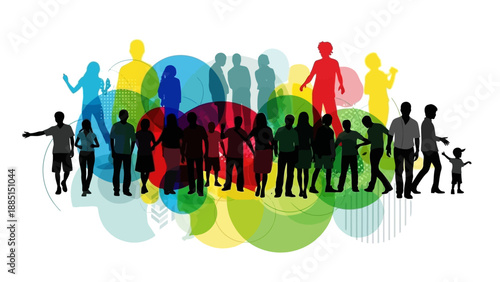 Diverse Group of People Silhouettes in Colorful Abstract Background.