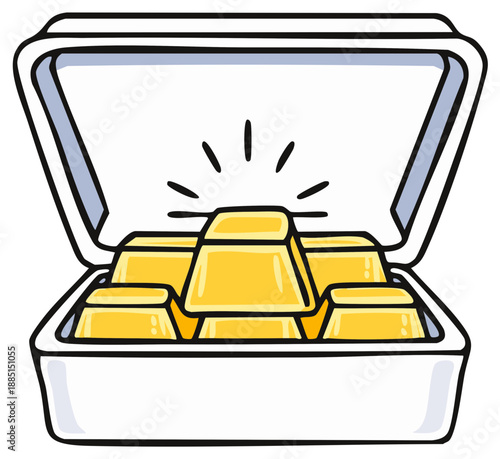 Hand drawn cartoon illustration of an open box filled with shiny gold bars a symbol of wealth and investment