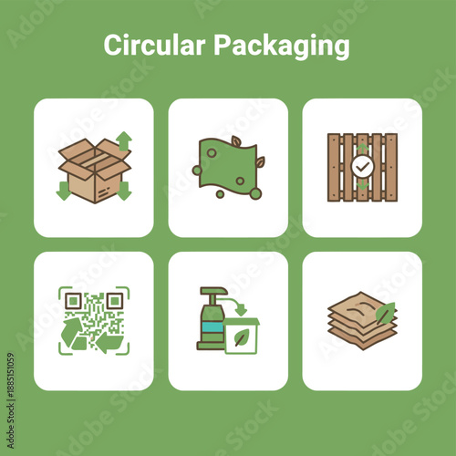 Circular Packaging and Sustainable Eco Friendly Shipping Icon Set showing Biodegradable Materials Recyclable Boxes Reusable Pallets and Green Logistics Solutions for Environment