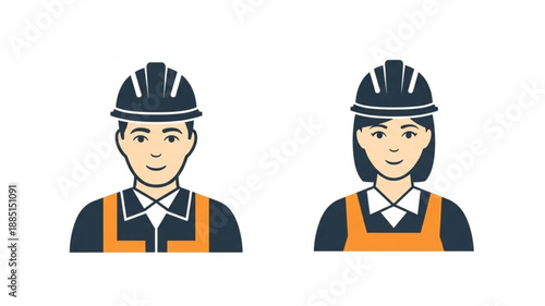 Male and Female Construction Workers Wearing Hard Hats and Vests.