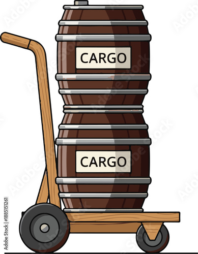 Cargo barrels stacked on a dolly, ready for transport, viewed from the side in an industrial setting