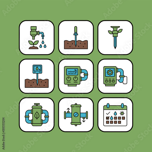 Smart Irrigation System and Agriculture Automation Icons for Modern Farming Soil Moisture Sensor Water Management Crop Care and Sustainable Gardening Technology