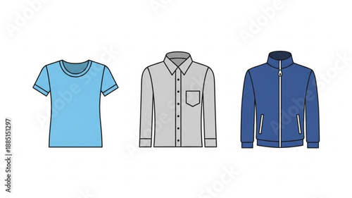 Three types of casual clothing items displayed side by side.