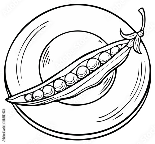 Monochrome illustration of a pea pod lying on a plate with peas visible through an opening