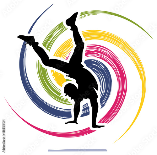 Breakdancer silhouette performing handstand against colorful swirls