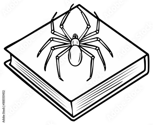 Spider Perched Atop Stacked Books In Black and White Outline Style