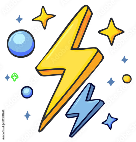 Yellow and blue lightning bolts with stars and circles illustrated design