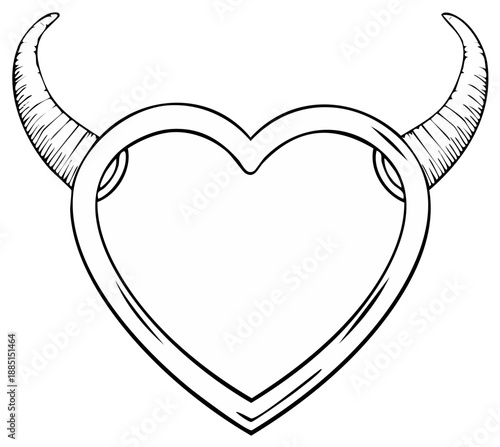 Black and white illustration of heart shape with horns, love concept