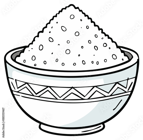 Hand-drawn illustration of a white bowl overflowing with granular white powder, food ingredient.