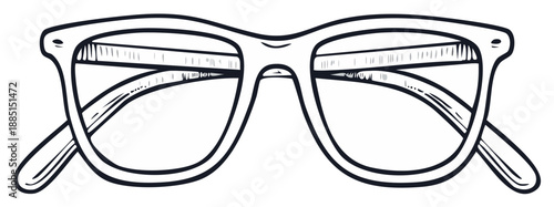 Outline illustration of retro eyeglasses with thick frames offering optical protection and style, sketch style.