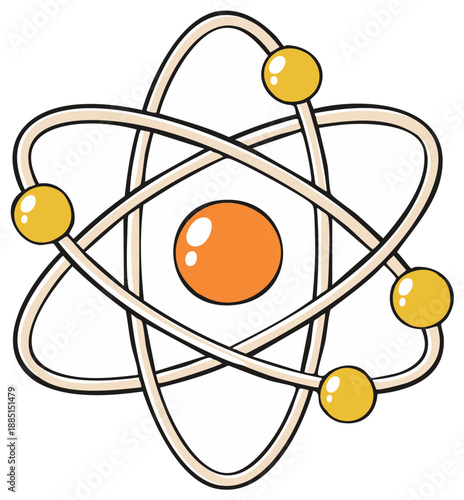 Cartoon Atom Model with Orbiting Electrons, Nuclear Physics Research Concept