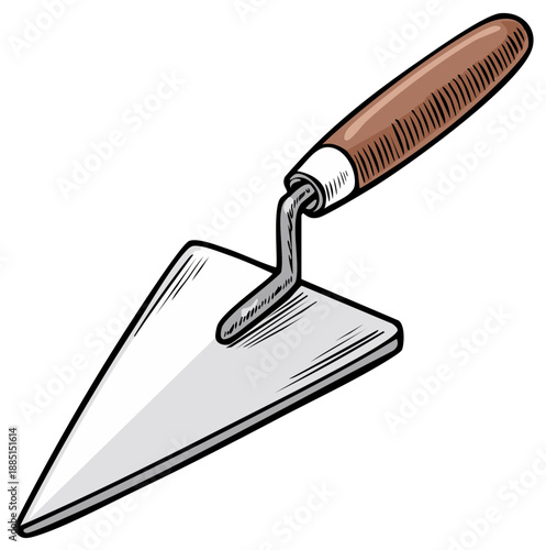 Hand drawn cartoon illustration of a masonry trowel with a wooden handle