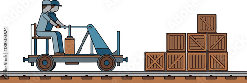 Worker operating trolley on railway track beside stacked crates in an industrial setting viewed from the side