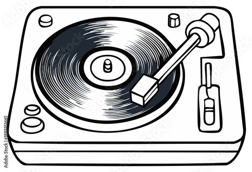 Vintage turntable illustration, vinyl record player, retro music concept, black and white style.