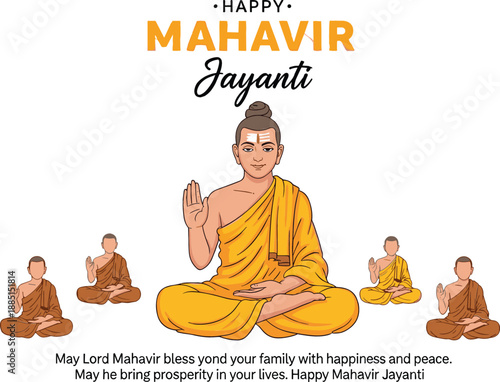 Happy Mahavir Jayanti celebration vector illustration with Lord Mahavir in meditative pose and disciples for Jain religious festival greeting card design on white background.