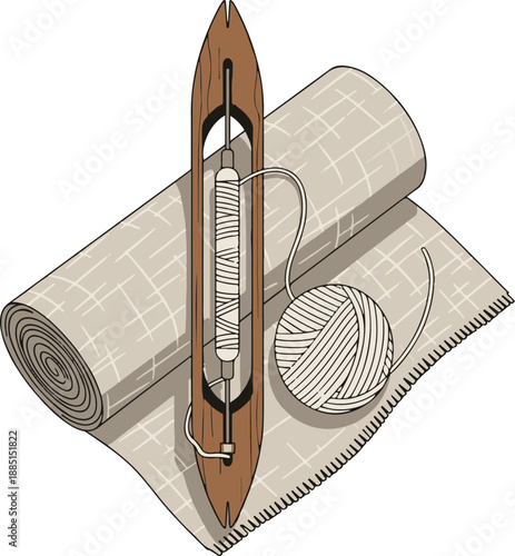 Sewing kit with needle, thread, and fabric on a white background, viewed from above, showcasing crafting tools and materials