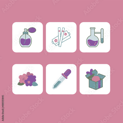Perfume and Fragrance Manufacturing Icon Set Featuring Glass Bottles, Aromatherapy Flowers, Pipettes and Luxury Product Packaging for Beauty Industry Design