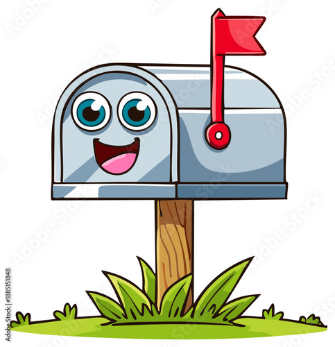 Cute cartoon mailbox character with happy smiling face red flag and green grass