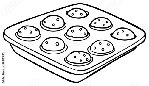 Line Art Illustration of a Muffin Tin with Eight Baked Muffins, Top-Down View