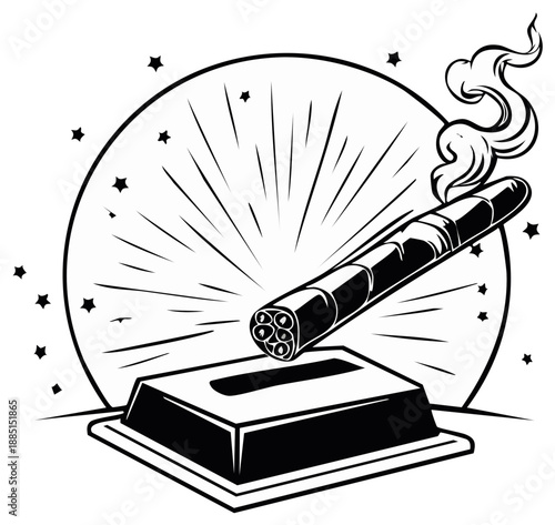 Smoking Cigar in a Ceramic Holder with Starburst and Stars Background Black and White Illustration