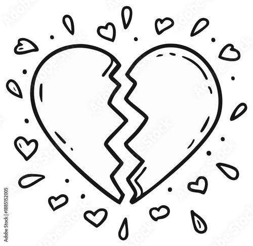 Hand drawn broken heart doodle with small hearts and surrounding tear shapes