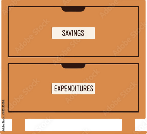 Financial records organized in a filing cabinet with labeled drawers for savings and expenditures from a front viewpoint