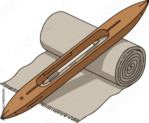 A wooden canoe paddle resting on a rolled-up canvas, showcasing craftsmanship and outdoor adventure