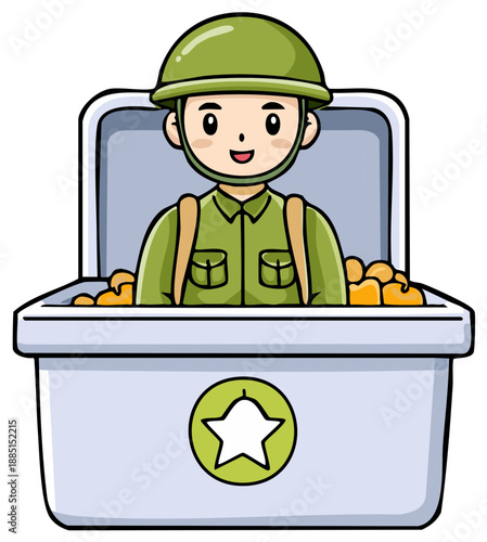 Cartoon Soldier in Trench Bunker Holding Grenades Illustration on White