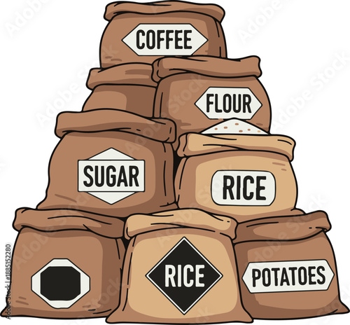 A stack of brown sacks containing coffee, flour, sugar, rice, and potatoes viewed from a high angle