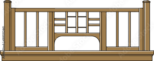 Illustration of a wooden bridge with railings and a decorative central panel viewed from the side