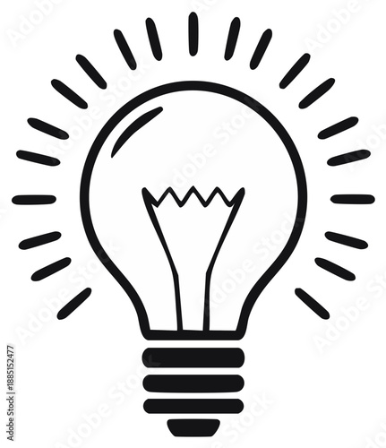 Glowing light bulb symbol radiating lines of light and energy
