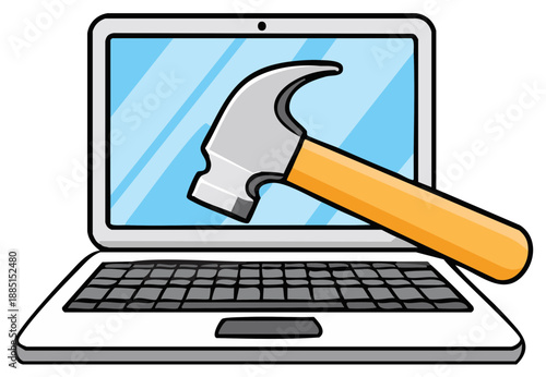 Cartoon Hammer About to Smash a Laptop Computer Screen Illustration