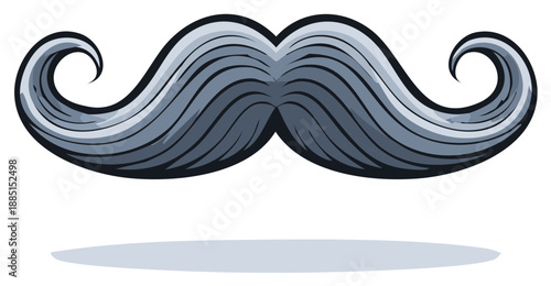 Stylized grey handlebar mustache with curled ends and cast shadow