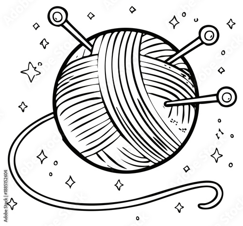 Hand drawn illustration of a yarn ball with knitting needles and stars a craft hobby concept
