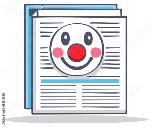 Cartoon pages illustration with a smiling clown face, a red nose and rosy cheeks.