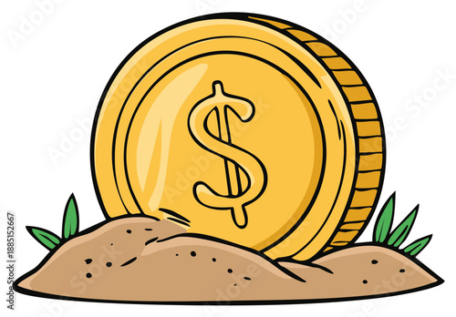 Golden dollar coin partially buried in earth with green sprouting grass