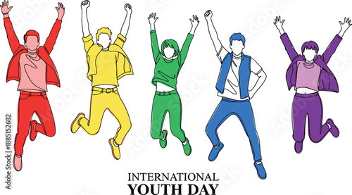 International Youth Day banner featuring colorful line art of diverse young people jumping with arms raised high