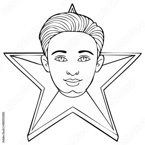 Portrait of a handsome young man within a bold star shape. Line drawing. Retro style fashion design.