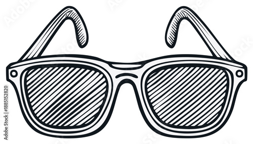 Stylized black and white drawing of retro sunglasses with striped lenses and thick frames.